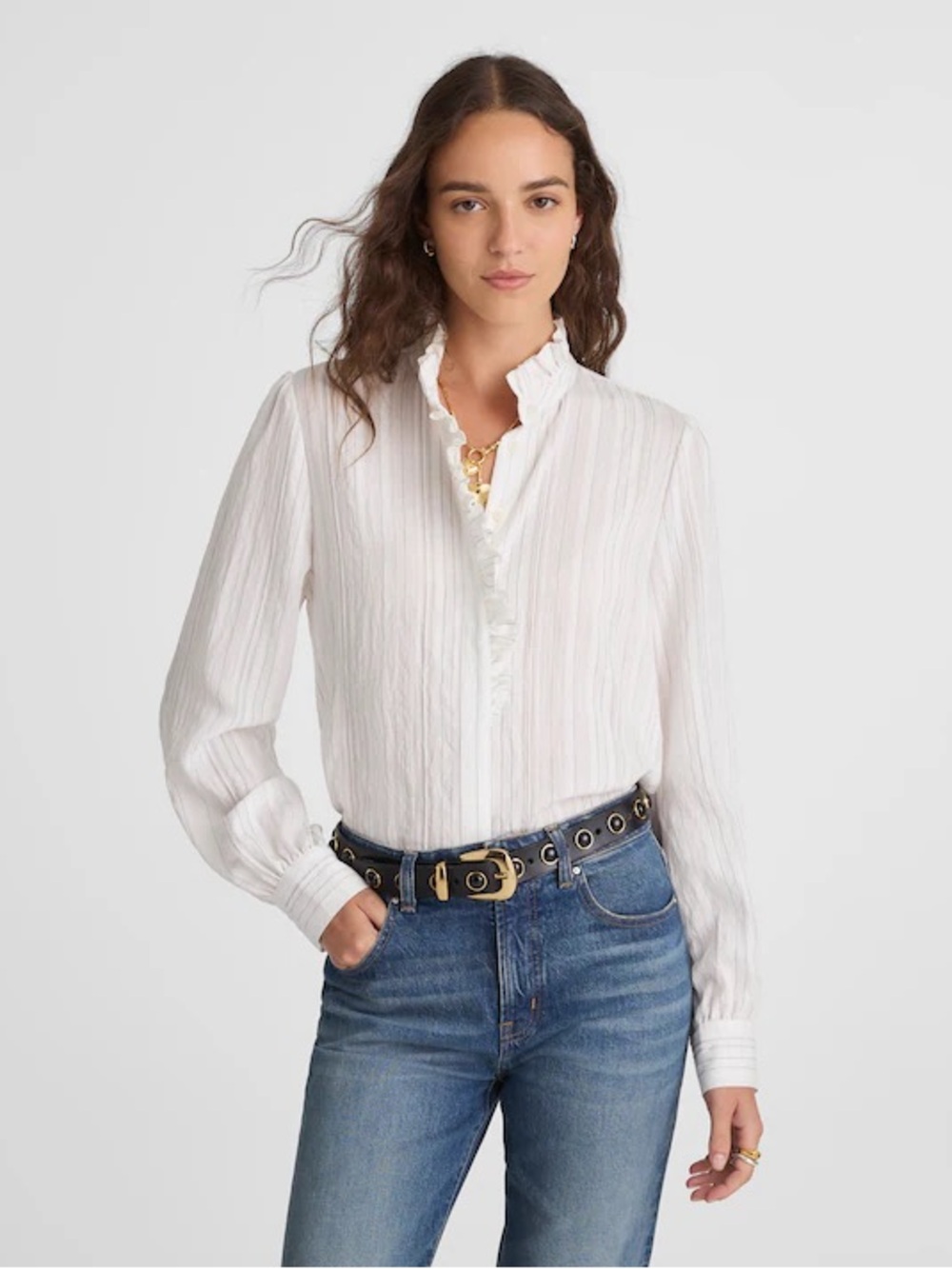 Madewell White Ruffled-Collar Button-Down Blouse